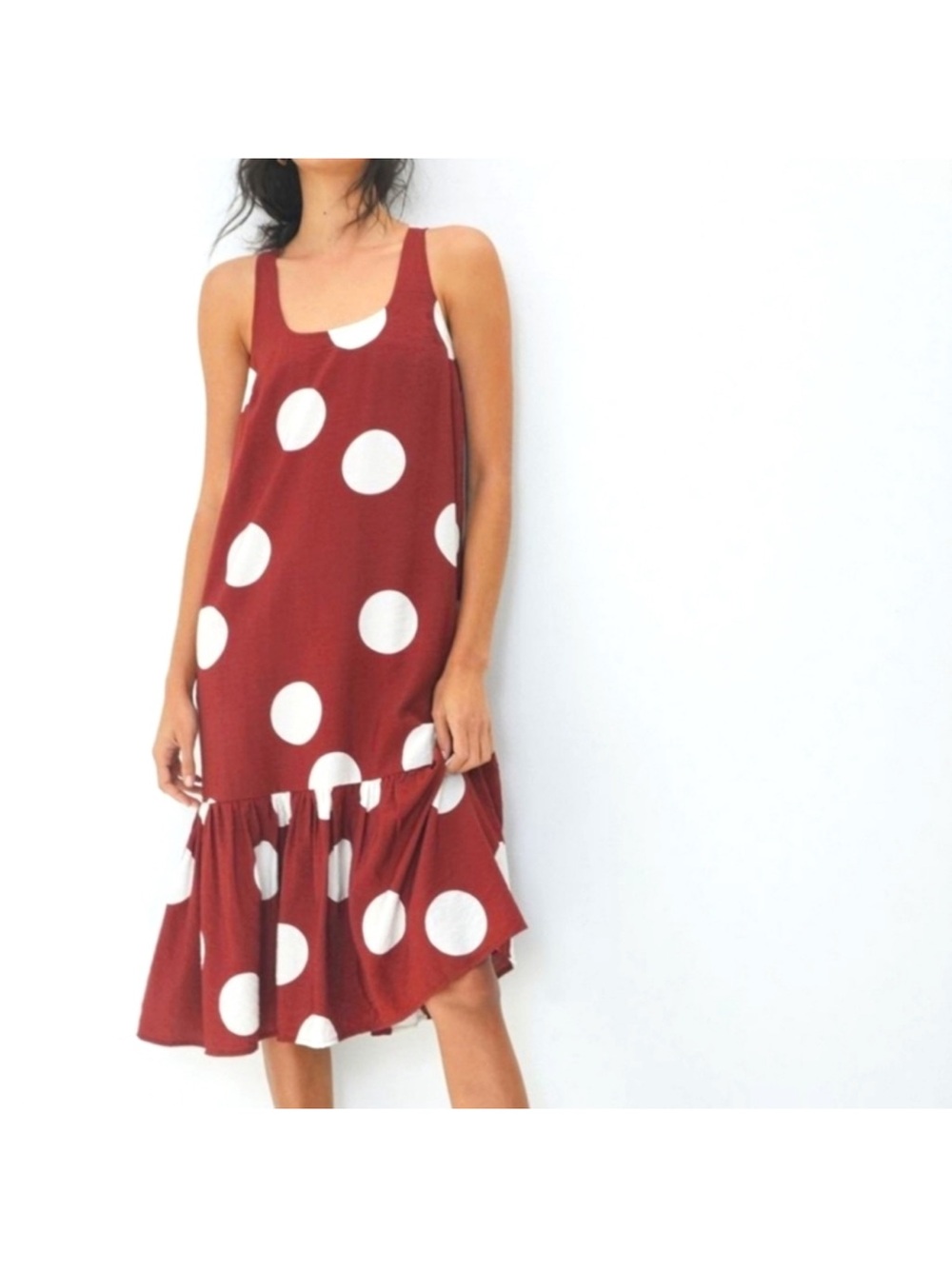 Anthropologie Michaela Flounced Midi Dress  brown with white polka dots.